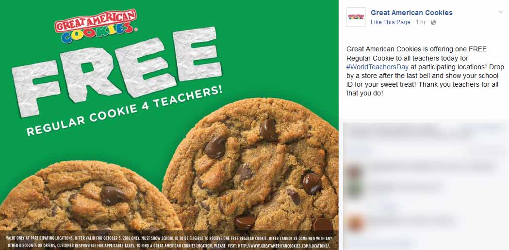 Great American Cookies Coupon April 2024 Free cookie for teachers today at Great American Cookies
