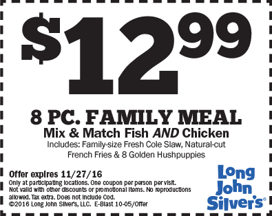 Long John Silvers Coupon April 2024 8pc chicken + fish + lg cole slaw + fries + 8 hushpuppies = $13 at Long John Silvers