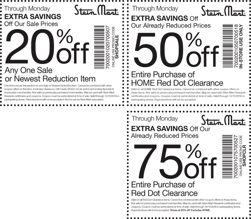 Stein Mart Coupon March 2024 Extra 20% off a single sale item & more at Stein Mart, or online via promo code SHOPSALE