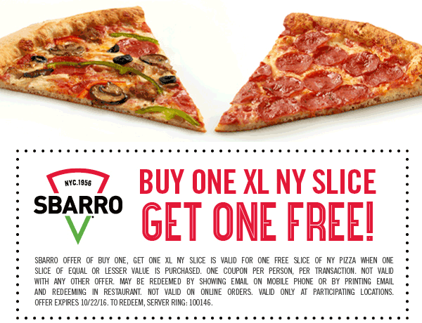 Sbarro Coupon April 2024 Second slice of pizza free at Sbarro