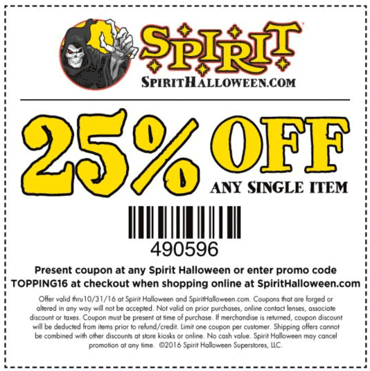 Spirit Halloween Coupon April 2024 25% off a single item at Spirit Halloween, or online via promo code TOPPING16