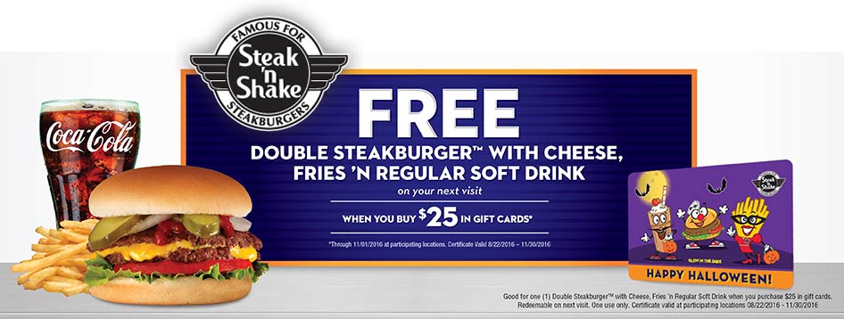 Steak n Shake Coupon April 2024 Double steakburger meal free with $25 gift card purchase at Steak N Shake