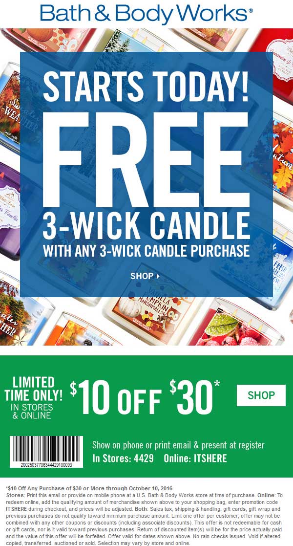 Bath & Body Works Coupon April 2024 $10 off $30 & more at Bath & Body Works, or online via promo code ITSHERE