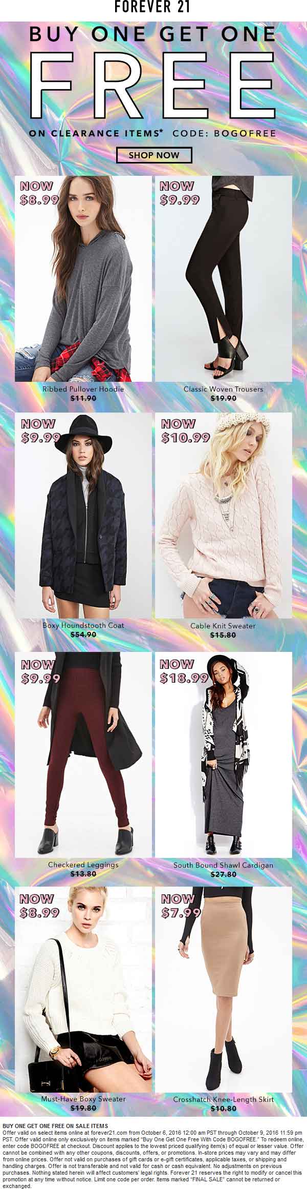 Forever 21 Coupon April 2024 Second clearance item free online at Forever 21 via promo code BOGOFREE