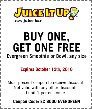 Juice it Up Coupon April 2024 Second evergreen smoothie free at Juice it Up