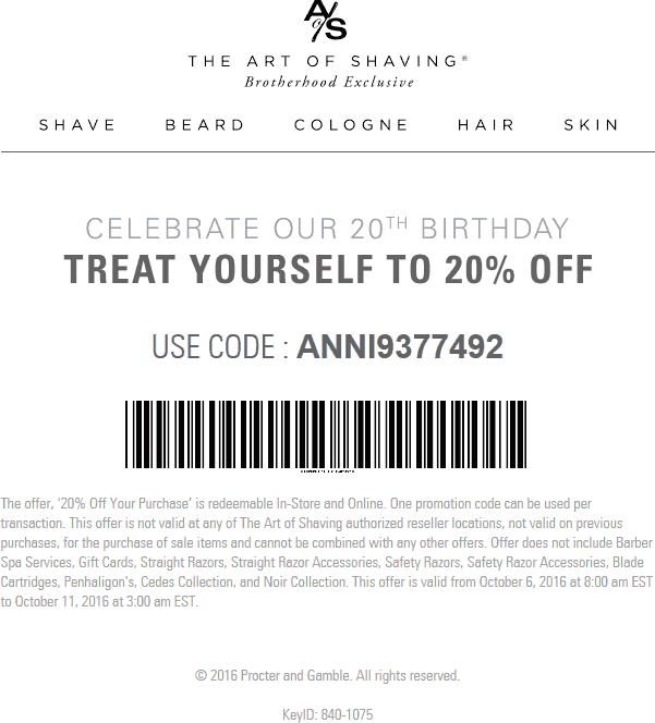 The Art Of Shaving Coupon April 2024 20% off at The Art of Shaving, or online via promo code ANNI9377492