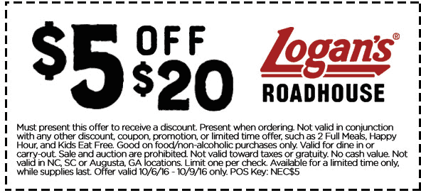 Logans Roadhouse Coupon April 2024 $5 off $20 at Logans Roadhouse restaurants