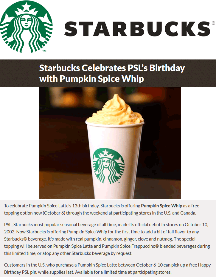 Starbucks Coupon April 2024 Free pumpkin spice whip topping on any drink at Starbucks