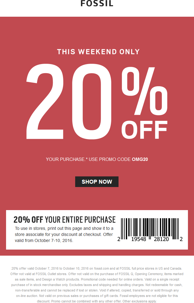 Fossil Coupon April 2024 20% off at Fossil, or online via promo code OMG20