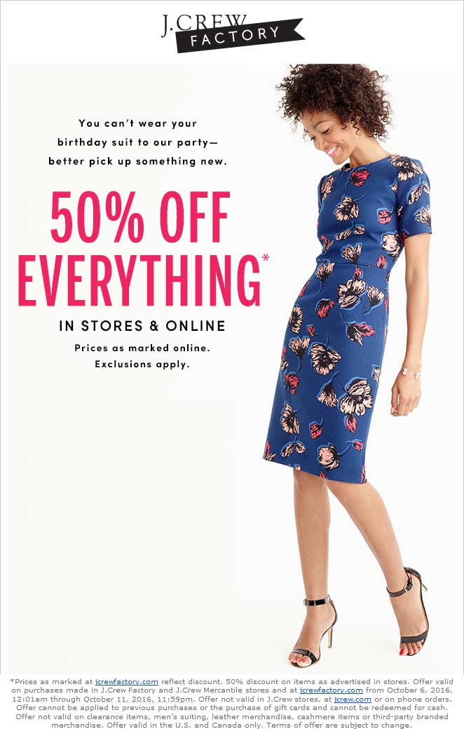 J.Crew Factory Coupon April 2024 50% off everything at J.Crew Factory, ditto online