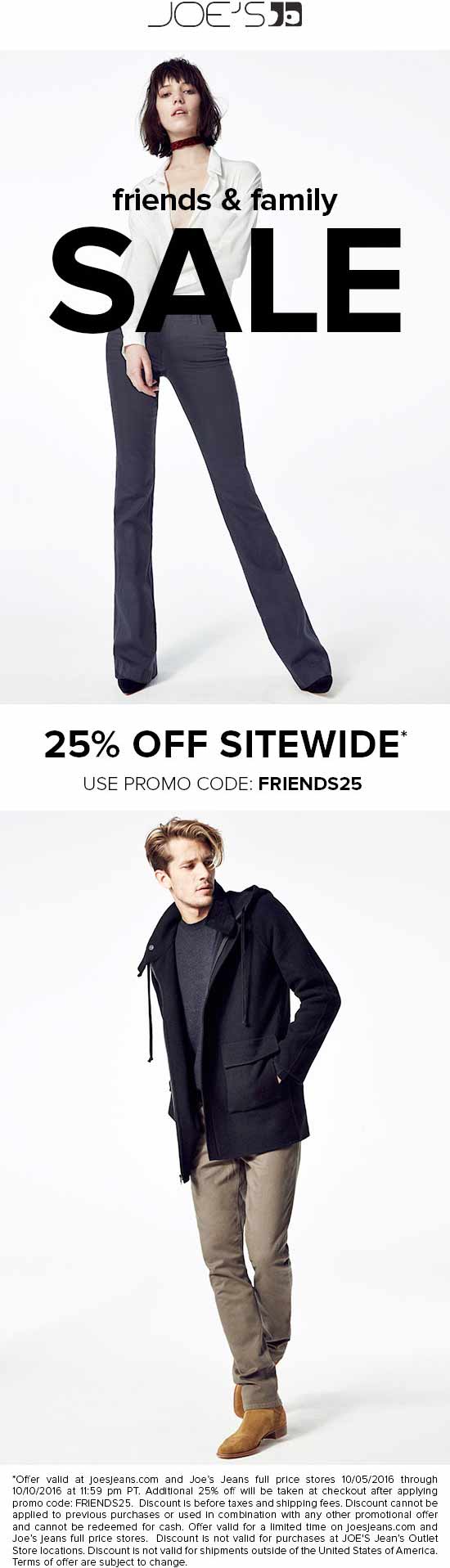 Joes Jeans Coupon April 2024 25% of at Joes Jeans, or online via promo code FRIENDS25