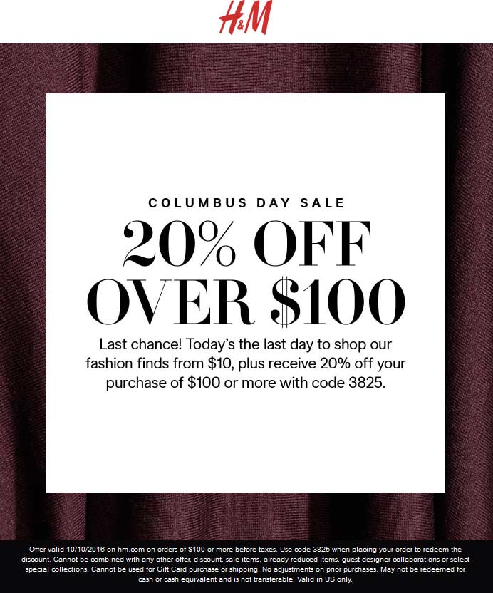 H&M Coupon March 2024 20% off $100 online today at H&M via promo code 3825