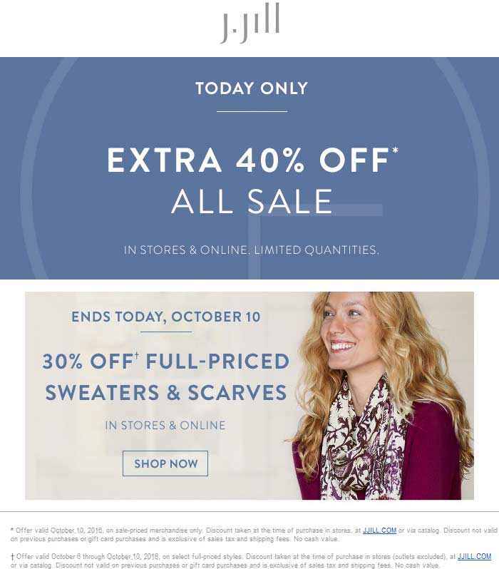 J.Jill Coupon April 2024 Extra 40% off sale items today at J.Jill, ditto online