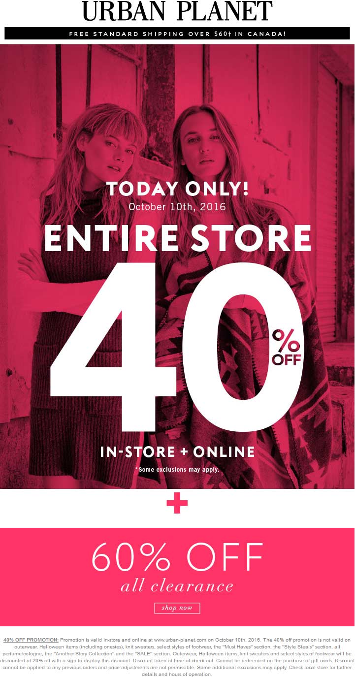 Urban Planet Coupon April 2024 40-60% off today at Urban Planet, ditto online