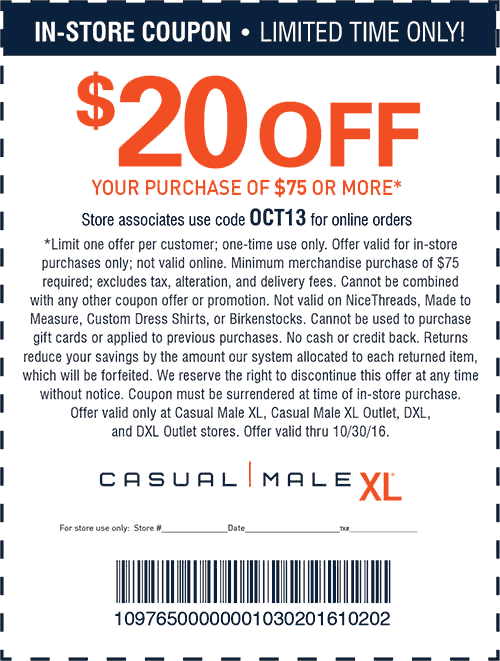 Casual Male XL Coupon April 2024 $20 off $75 at Casual Male XL, or online via promo code OCT13