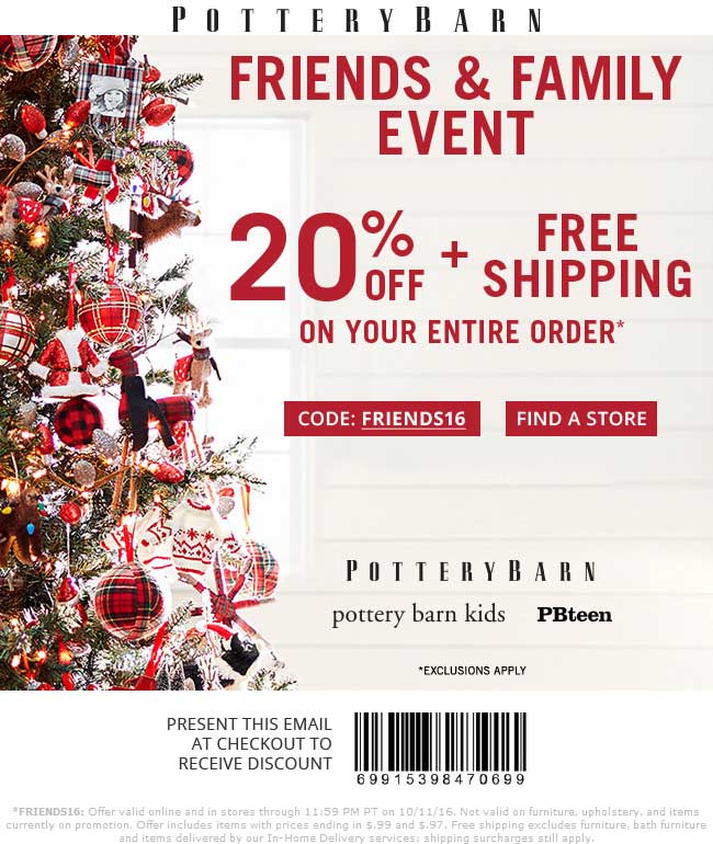 Pottery Barn Coupon April 2024 20% off today at Pottery Barn, or online with free ship via promo FRIENDS16