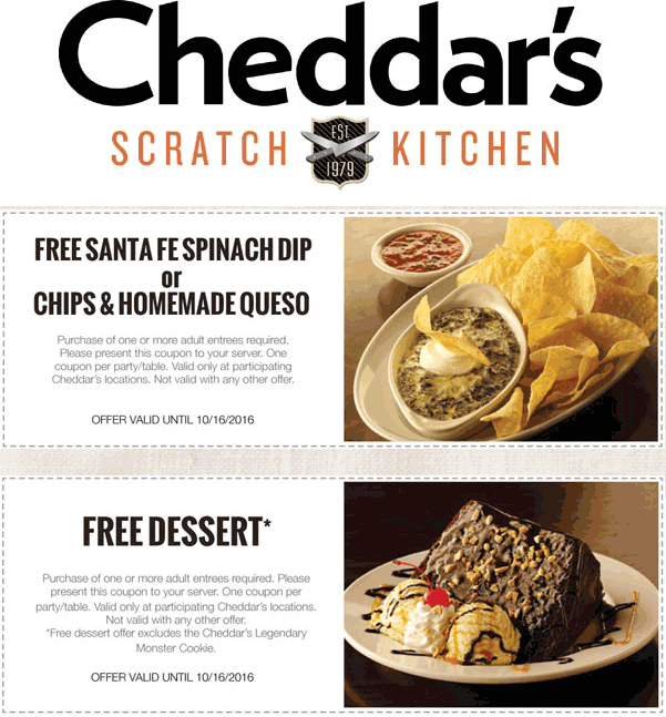 Cheddars Scratch Kitchen Coupon March 2024 Spinach dip, dessert or chips & queso free with your entree at Cheddars Scratch Kitchen