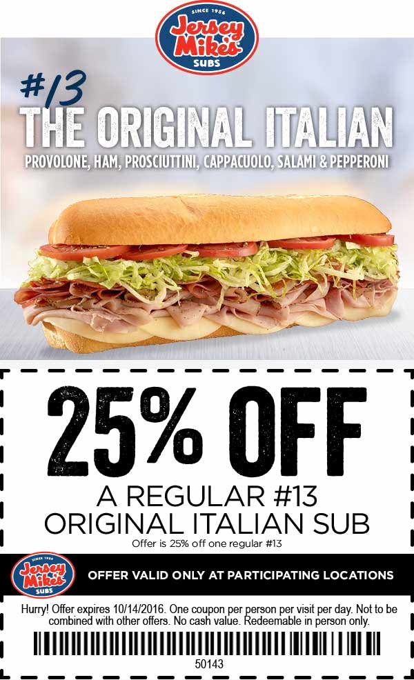 Jersey Mikes Coupon April 2024 25% off an Italian sub at Jersey Mikes