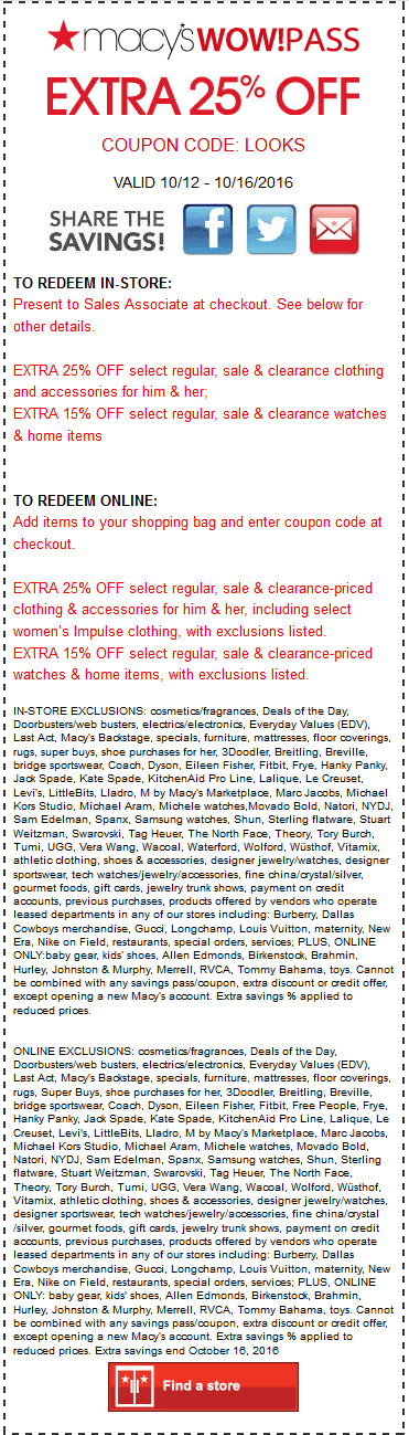 Macys Coupon April 2024 Extra 25% off at Macys, or online via promo code LOOKS