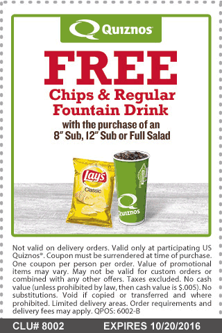 Quiznos Coupon April 2024 Free chips & drink with your sub or salad at Quiznos