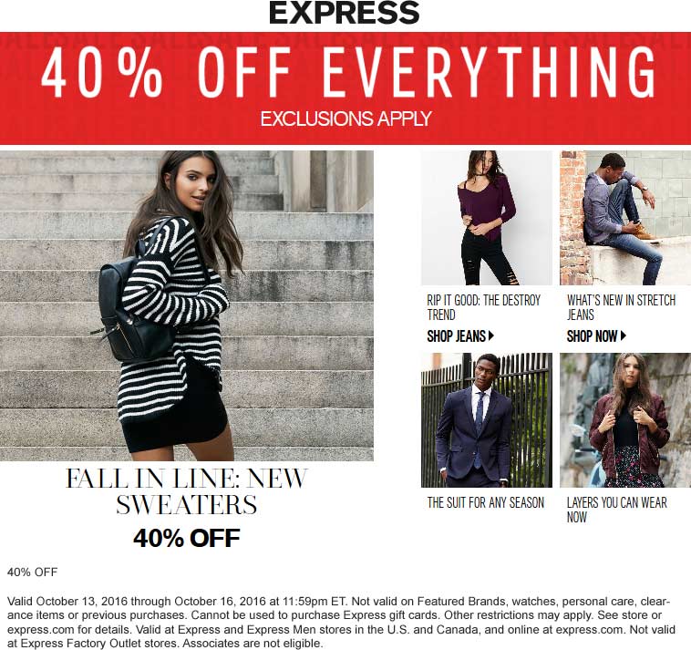 Express Coupon April 2024 40% off everything at Express, ditto online