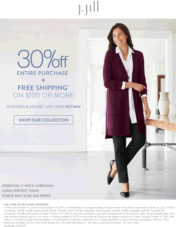 J.Jill Coupon April 2024 30% off everything at J.Jill, or online via promo code OCT3016