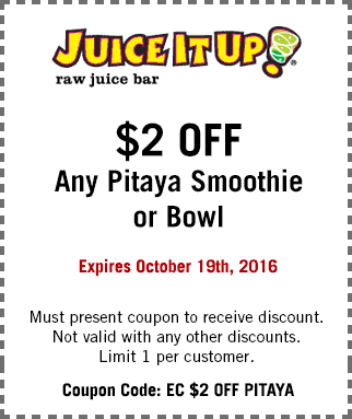 Juice It Up Coupon March 2024 $2 off a pitaya smoothie or bowl at Juice It Up