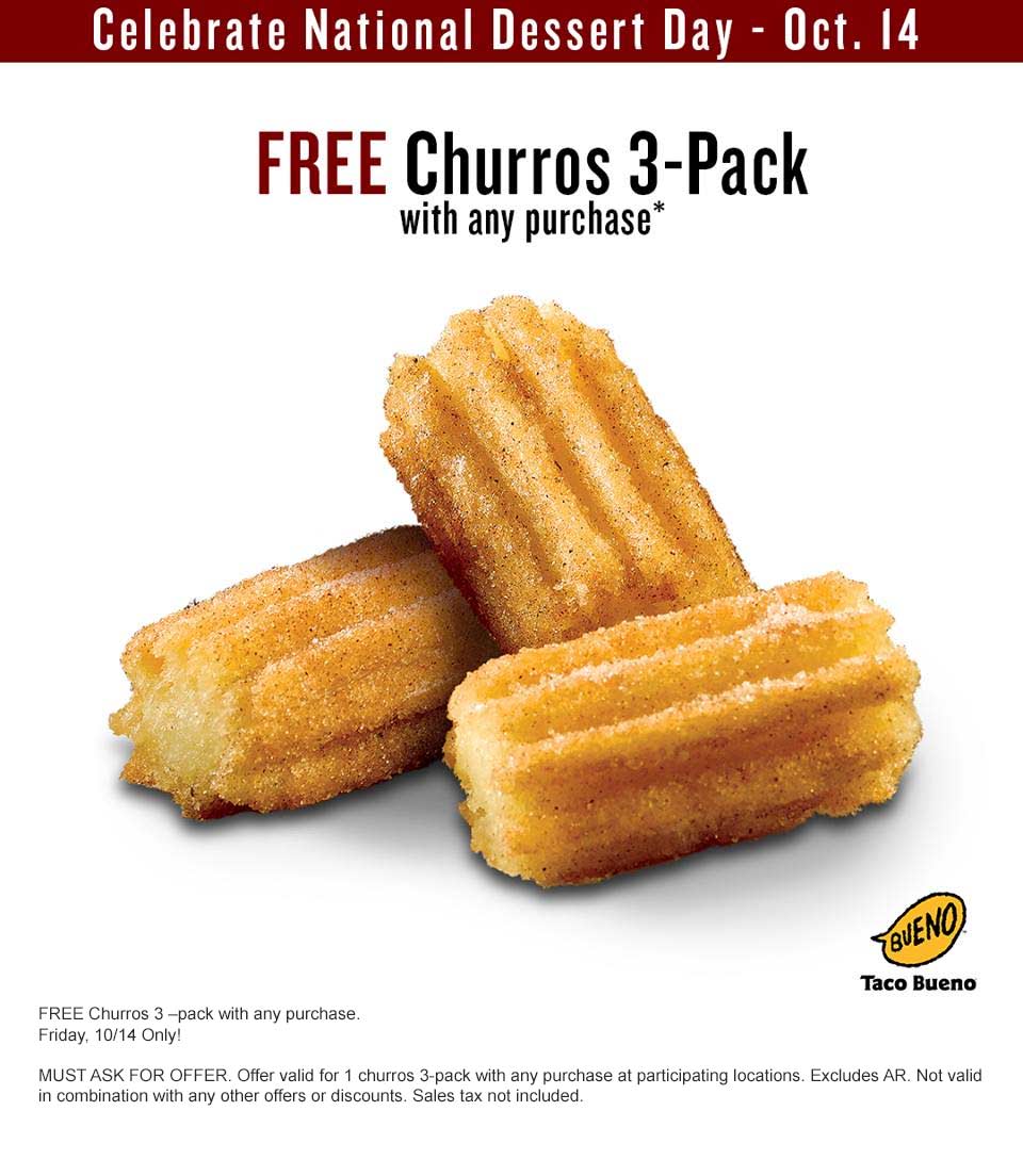 Taco Bueno Coupon April 2024 3-pack churros free with any purchase today at Taco Bueno restaurants