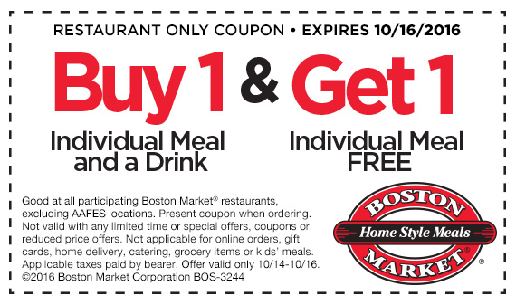 Boston Market Coupon April 2024 Second meal free at Boston Market
