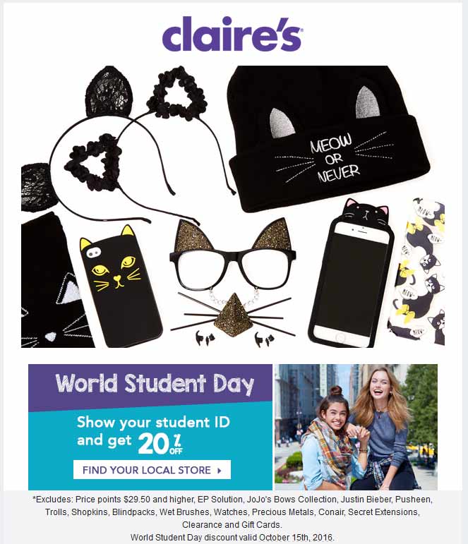 Claires Coupon April 2024 20% off for students today at Claires