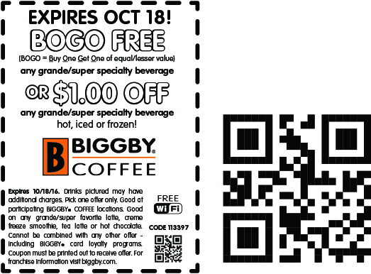 Biggby Coffee Coupons Second drink free at Biggby Coffee