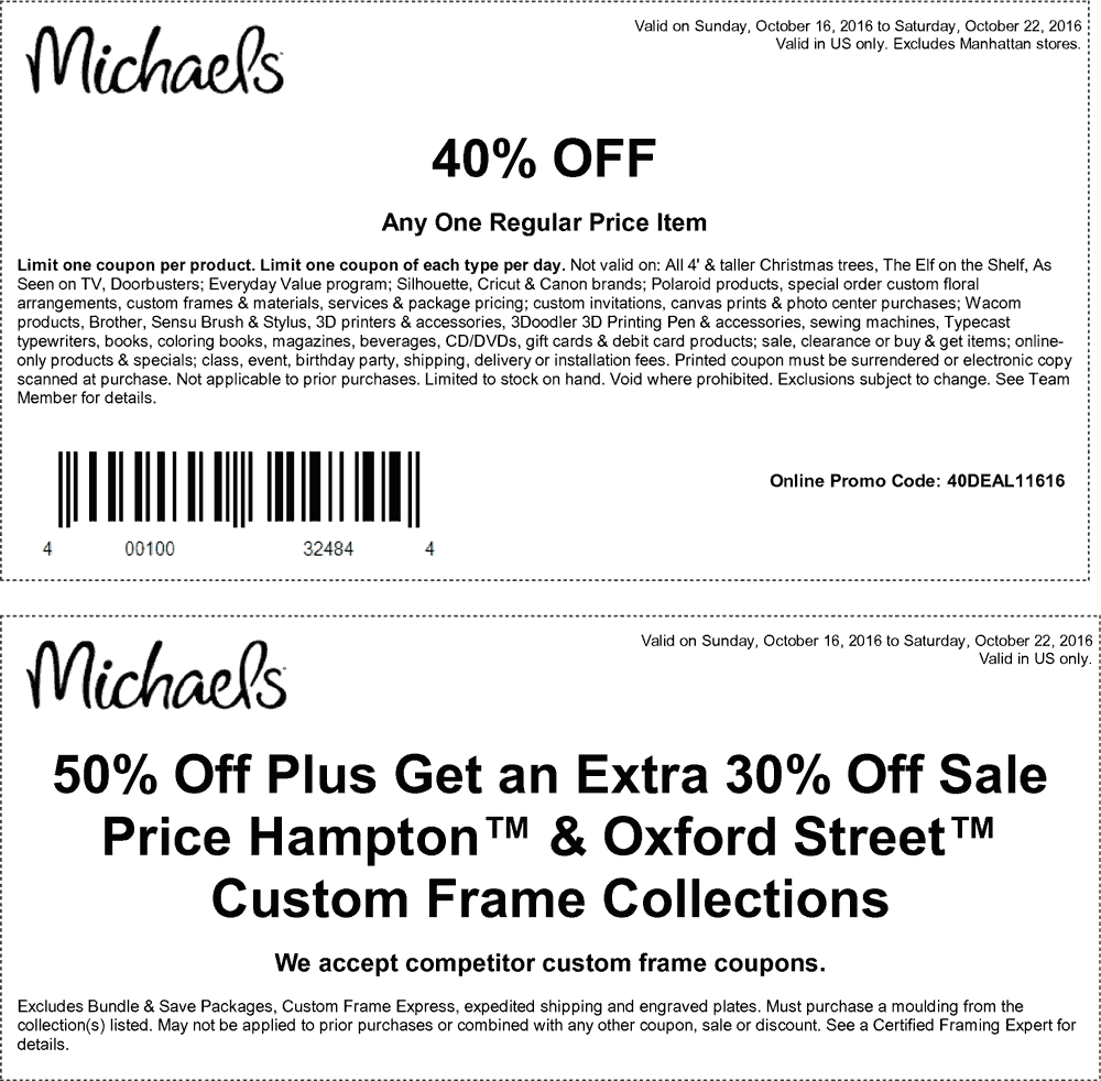 Michaels Coupon March 2024 40% off a single item at Michaels, or online via promo code 40DEAL11616