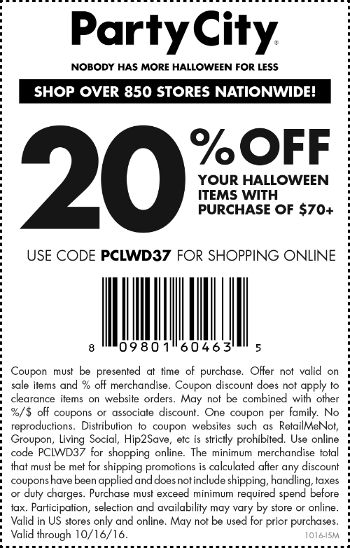 Party City Coupon April 2024 20% off $70 on Halloween today at Party City, or online via promo code PCLWD37