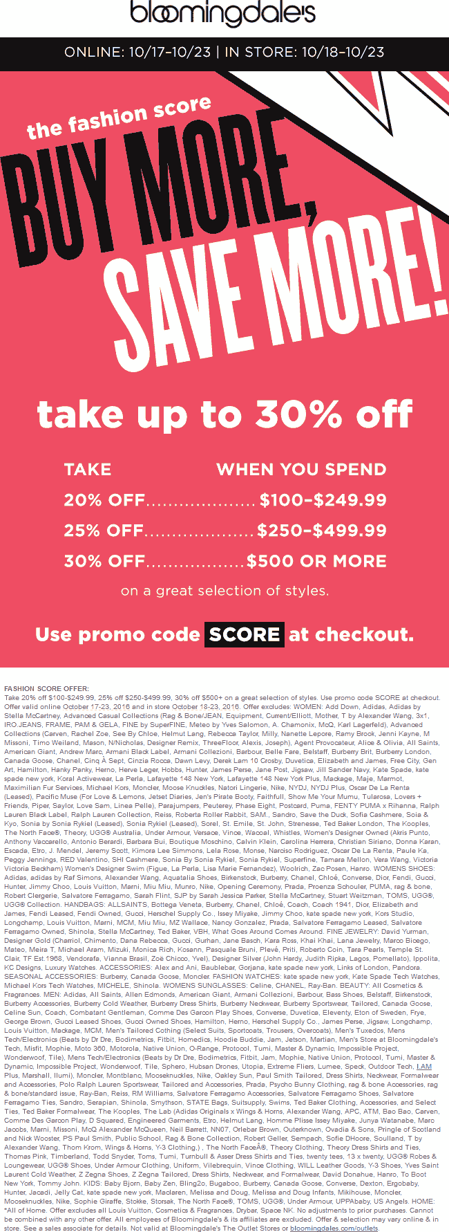 Bloomingdales Coupon March 2024 20-30% off $100+ at Bloomingdales, or online via promo code SCORE