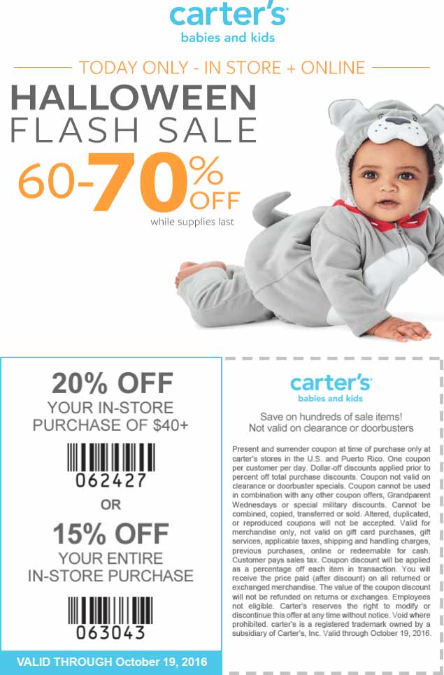Carters Coupon April 2024 70% off Halloween Monday also 15-20% off thru Wed at Carters