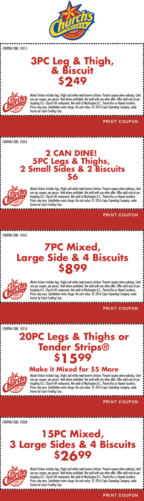 Churchs Chicken Coupon March 2024 3pc + biscuit = $2.49 & more at Churchs Chicken