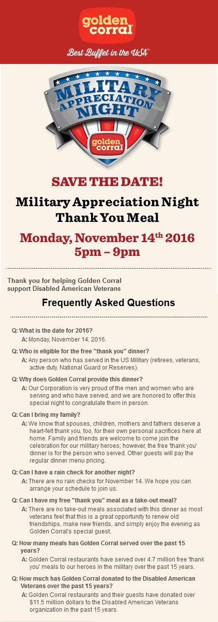 Golden Corral Coupon April 2024 Free buffet for Military the 14th at Golden Corral restaurants