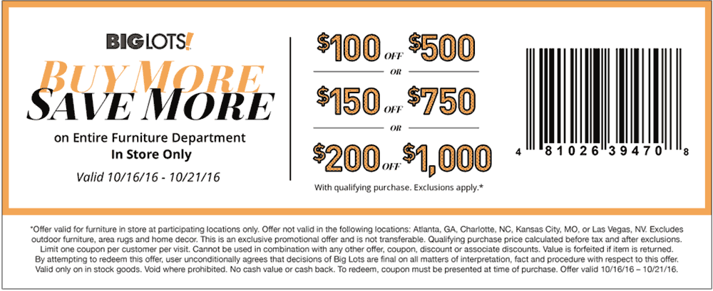 Big Lots Coupon April 2024 $100 off $500 & more on furniture at Big Lots