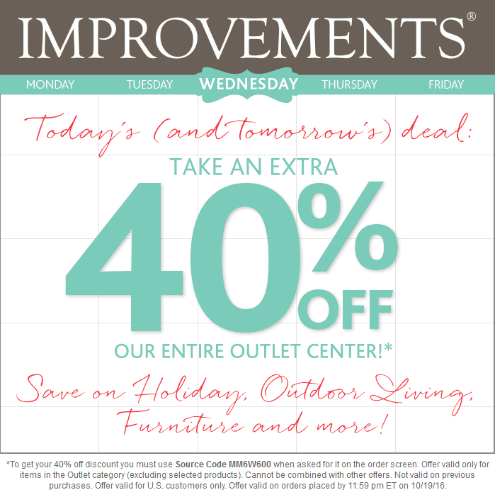 Improvements Coupon March 2024 Extra 40% off the outlet items online at Improvements via promo code MM6W600