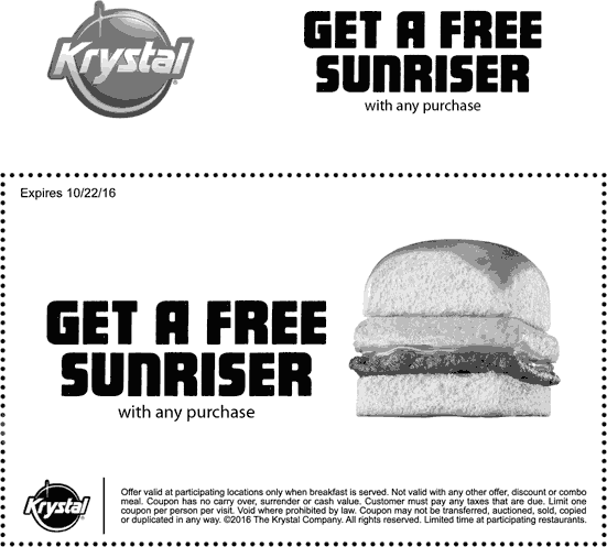 Krystal Coupon March 2024 Free sunriser with any purchase at Krystal restaurants