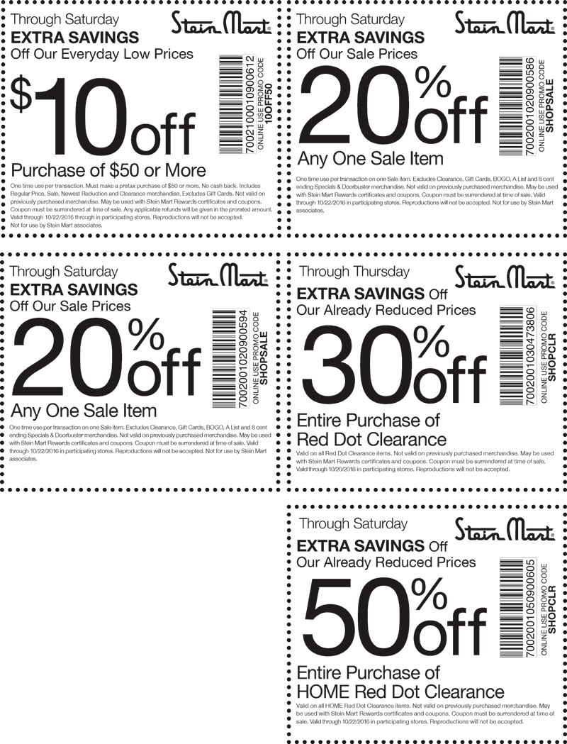 Stein Mart Coupon April 2024 $10 off $50 & more at Stein Mart, or online via promo code 10OFF50