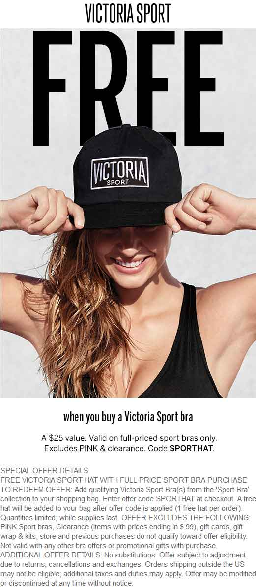 Victorias Secret Coupon April 2024 Free $12 sport hat with any sport bra at Victorias Secret via promo code SPORTHAT
