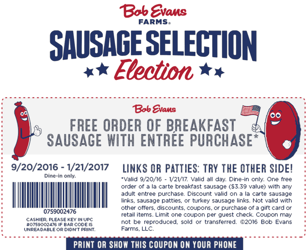 Bob Evans Coupon April 2024 Free sausage with your entree at Bob Evans