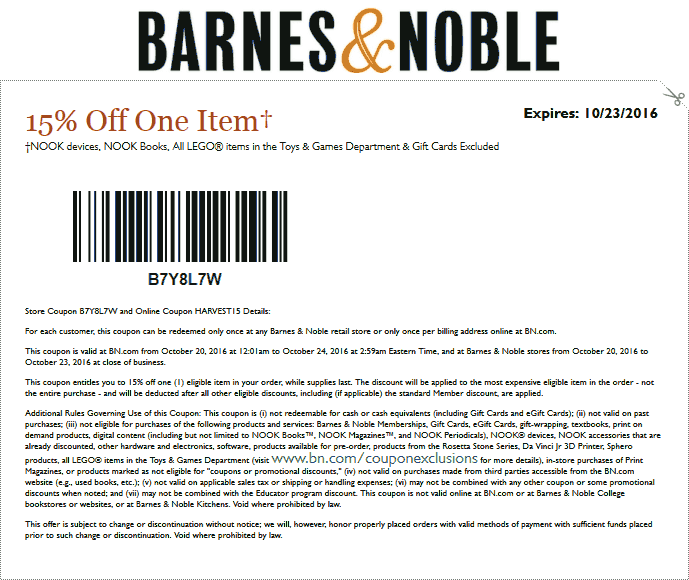 Barnes & Noble Coupon April 2024 15% off a single item at Barnes & Noble, or online via promo code HARVEST15