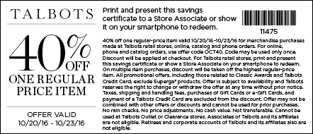 Talbots Coupon April 2024 40% off a single item at Talbots, or online via promo code OCT40