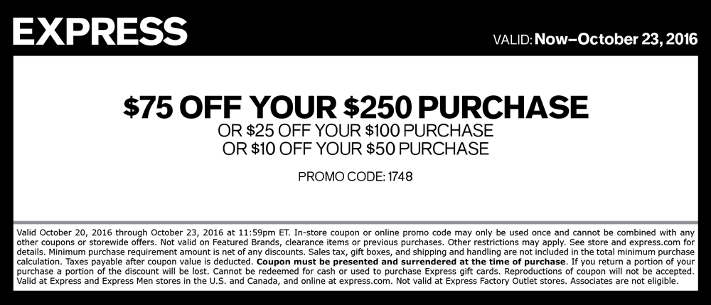 Express Coupon April 2024 $10 off $50 & more at Express, or online via promo code 1748