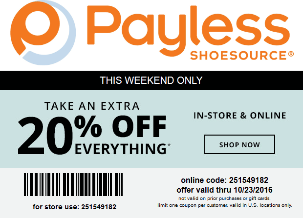 Payless Shoesource Coupon April 2024 20% off everything at Payless Shoesource, or online via promo code 251549182