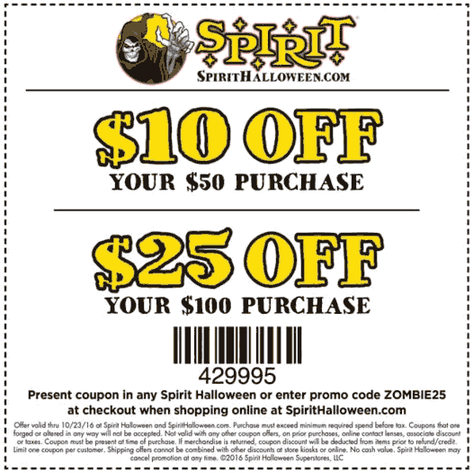 Spirit Halloween Coupon March 2024 $10 off $50 & more today at Spirit Halloween, or online via promo code ZOMBIE25