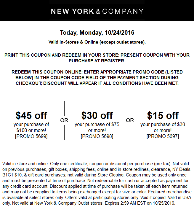 New York & Company Coupon April 2024 $15 off $30 & more today at New York & Company, or online via promo code 5697