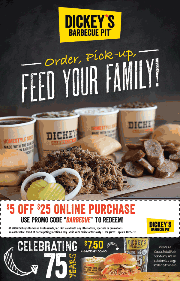 Dickeys Barbecue Pit Coupon April 2024 $5 off $25 online at Dickeys Barbecue Pit via promo code BARBECUE